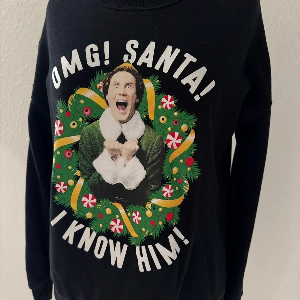 Elf OMG SANTA! Juniors Unisex Black Sweatshirt‎ Xmas Print XS EUC